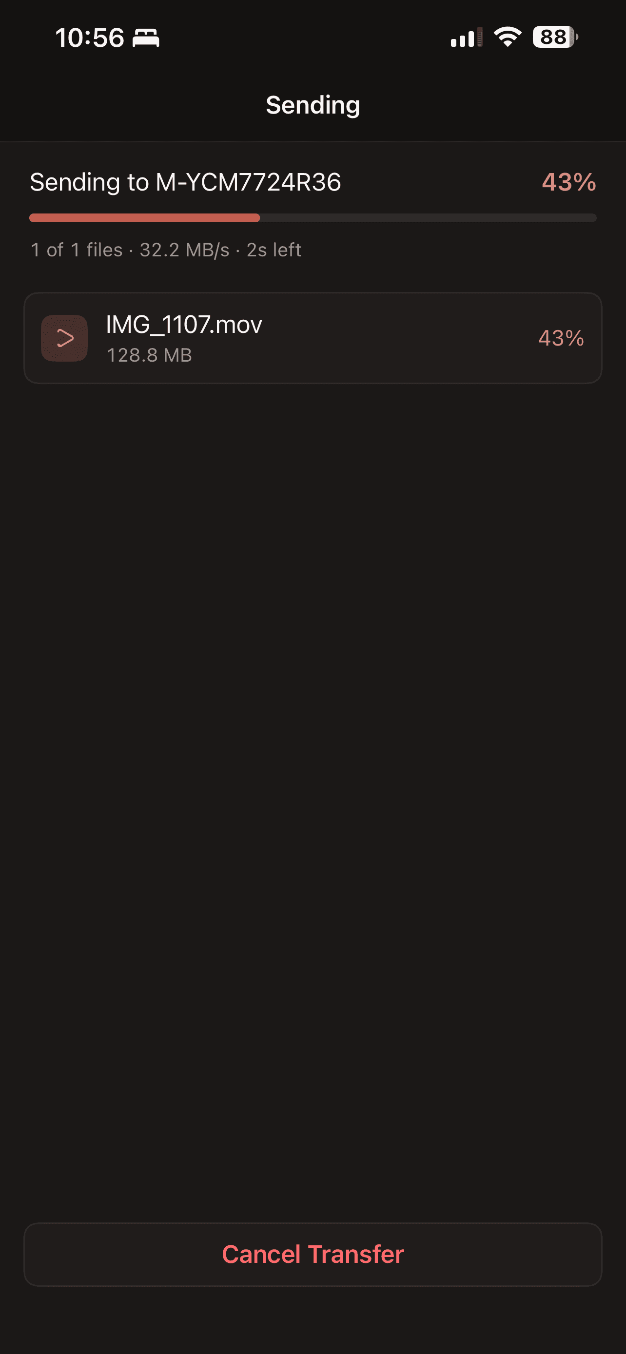 FileFly on iPhone sending a video at 32.2 MB per second