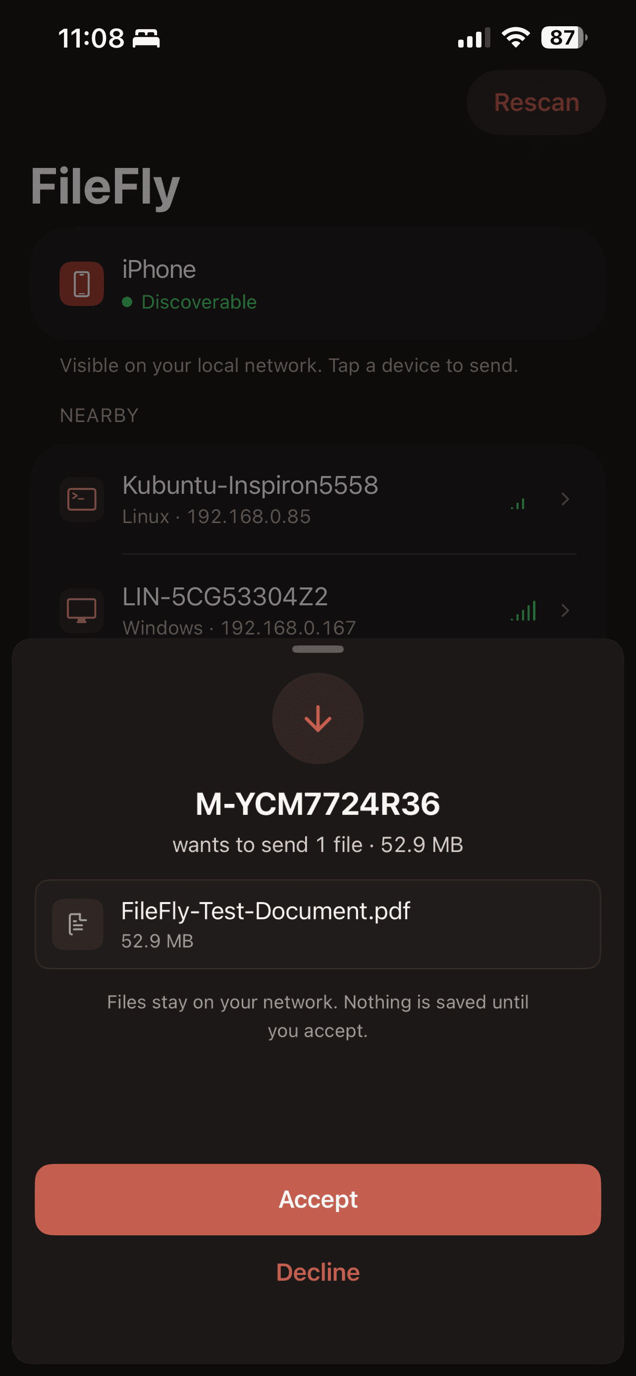 FileFly on iPhone asking whether to accept an incoming file